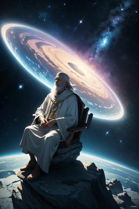 thereal fantasy concept art of {a wise old man sitting on a white rock floating through space, in the background the andromeda g...