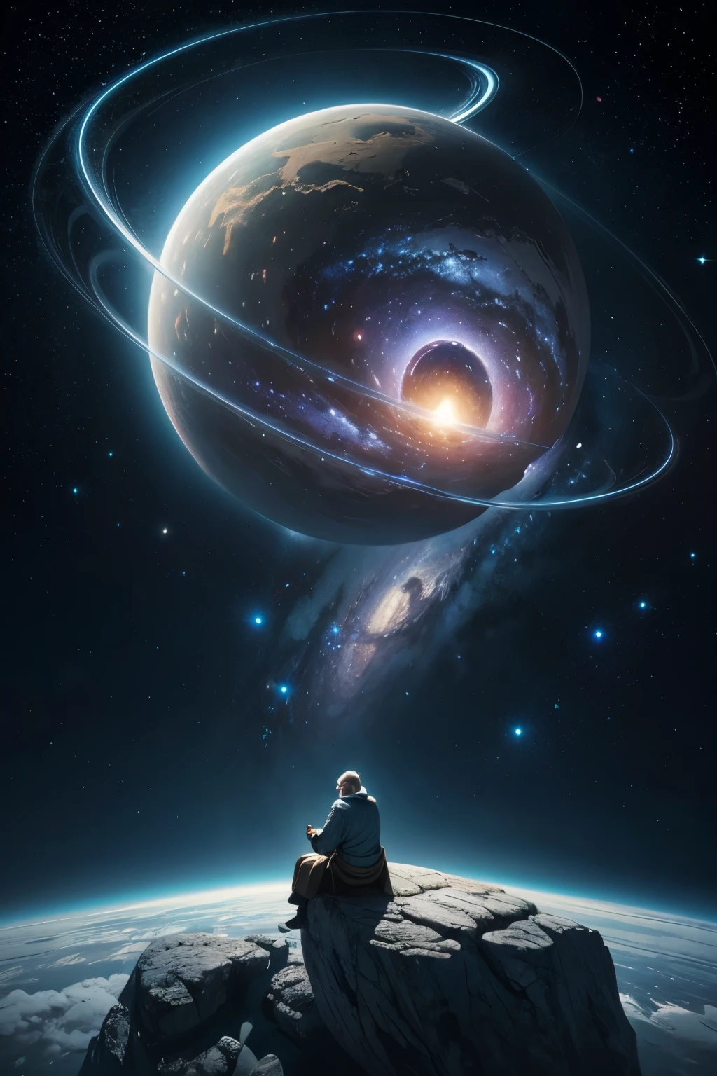 thereal fantasy concept art of {A WISE OLD MAN SITTING ON A WHITE ROCK FLOATING THROUGH SPACE, IN THE BACKGROUND THE ANDROMEDA GALAXY} . magnificent, celestial, ethereal, painterly, epic, majestic, magical, fantasy art, cover art, dreamy"
