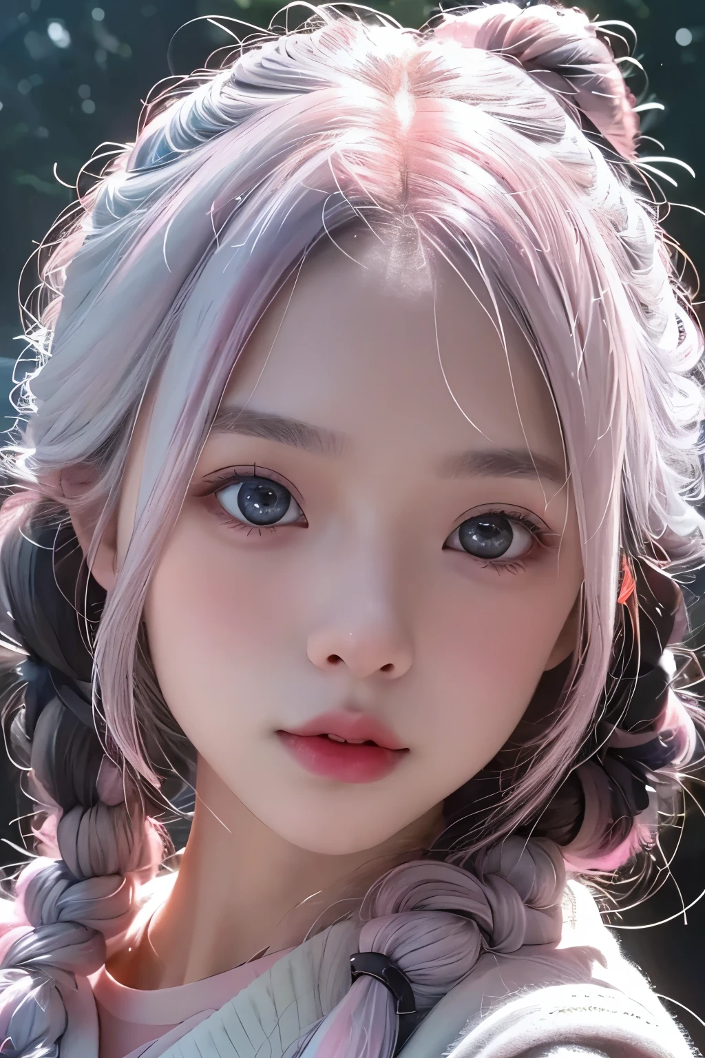 ((upper body)), 1girll,Light shines on the face, rosy lips, topknot, glowing eyes, hair bun, Surrealism, close-up, Sony FE GM, polar opposites, symmetry, UHD, masterpiece, super detail, high details, highres,pink silver hair,Small breasts,Are thin,