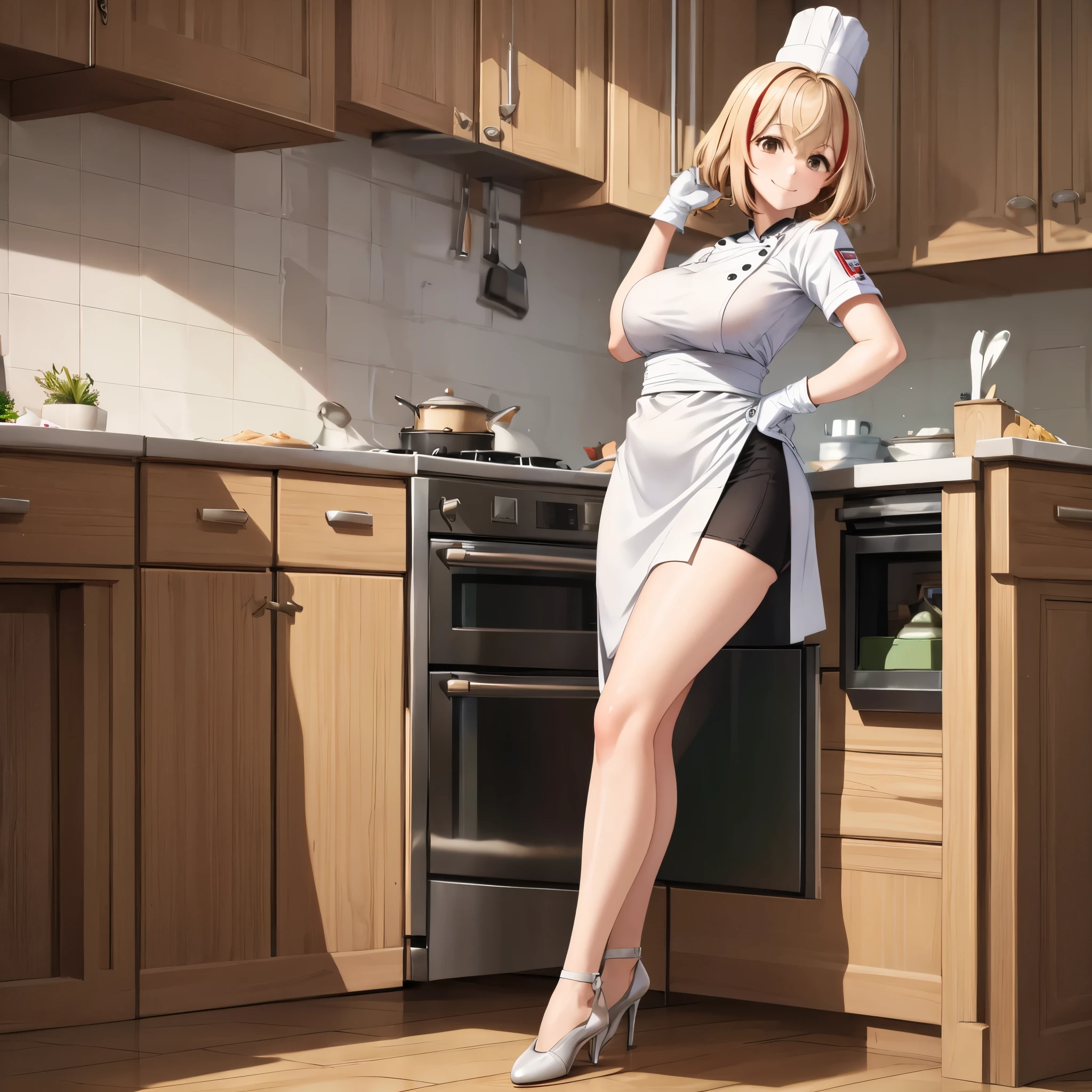 a woman wearing a white master chief costume, a chef's hat, wearing white gloves, in a kitchen, standing in front of a stove cooking, with various food ingredients, very complete cooking, modern kitchen, short blonde hair, red strands on the hair, brown eyes, smiling, big breasts, full body,ultra resolution, bloom, very detailed, perfect texture, high quality, hdr, 8k, masterpiece.( solo woman
