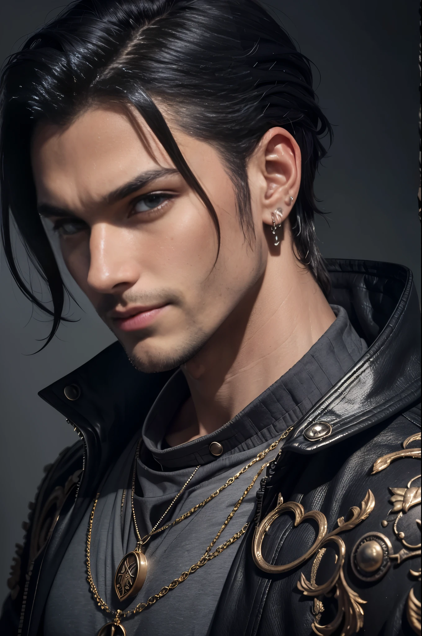 Portrait of a man, 1 male, 25yo, ((black hair)), dark eyes, muscular, stubble, (((wearing medieval armor))), ((wearing black jacket)), (wearing grey shirt), piercings, onyx amulet, smirk, ultra high resolution, detailed face, dynamic lighting, lights, volumetric light, realistic, intricate details, everything in razor sharp focus, solo, Photograph, masterwork, 12K, ultra-defined, intricate details, absurdres, hyper-detailed, dark fantasy, particle effects, head and shoulders
