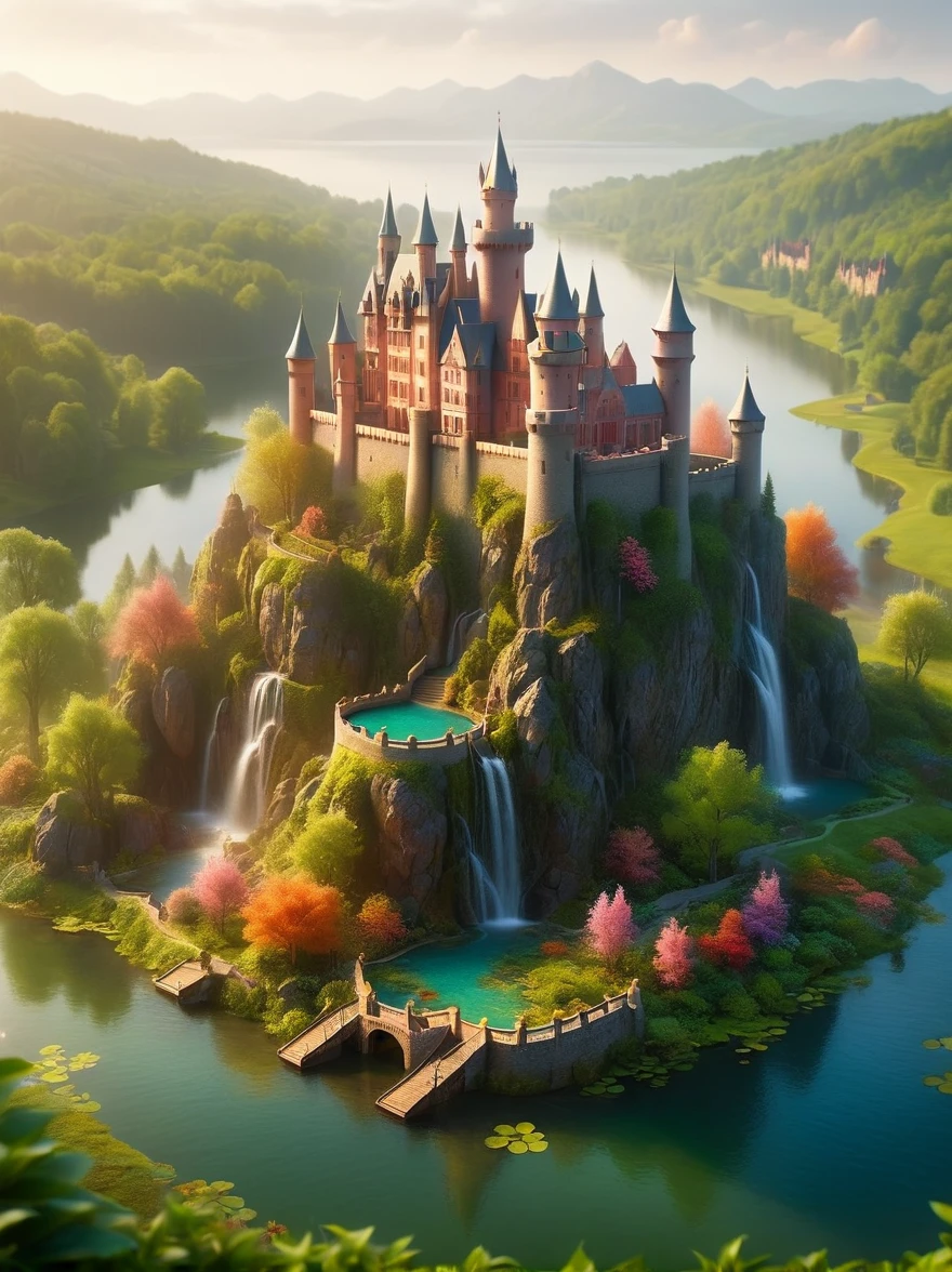 This is a miniature scene.，Imagine a serene and magical fantasy world. In the heart of this vibrant, enchanted setting stands a majestic castle, It sits in the middle of an expansive lake, surrounded by an array of diverse aquatic plants. Many flowers of different types and radiant colors punctuate the lovely landscape, adding to its charm, Multiple waterfalls spring from nearby cliffs, their water glistening under the dawn light as they feed the lake, The sun is just beginning to peek over the horizon, casting beautiful, warm hues onto the castle and the surrounding nature with its first light of the day，Lush Landscape, spring, rain, Soft Mist,HD natural light, Tilt-Shift Photography, Photography, Octane Rendering