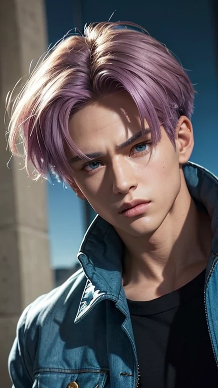 masterpiece, Ultra realistic, 16k, high quality, incredibly detailed, dream aesthetic, dream atmosphere, cinematic, work of art, (sharp focus: 1.5), (photorealistic: 1.3), featured (Beautiful boy), Mirai Trunks (furure trunks from dragon ball z), cinematic, detailed, 4k sharp focus, realistic. Tall man. Gorgeous. Pretty face, strong jaw, defined jawline. tanned skin, Turquoise blue eyes, short lilac hair (hair divided in half), black shirt. dark blue jacket. ultra realistic textures. black t-shirt (under the jacket), dark gray pants. yellow boots. looking at viewer. Tall boy. cool outfit, badass, threatening. illuminated, realistic shading (realistic texture). In Different positions at different angles. Night background. unbelievably real, best quality, Photorealistic.