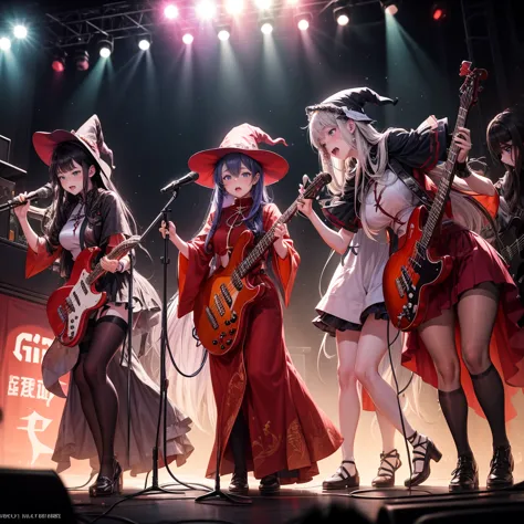 A three-woman metal band dressed in witch costumes、Arrived in Japan and held a mass at a live venue、Neck slashing pose、The inten...