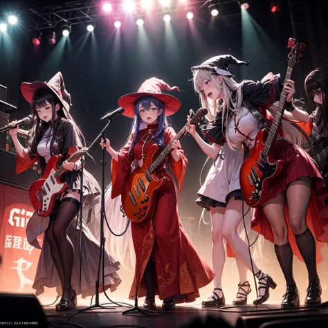 a three-woman metal band dressed in witch costumes、arrived in japan and held a mass at a live venue、neck slashing pose、the inten...