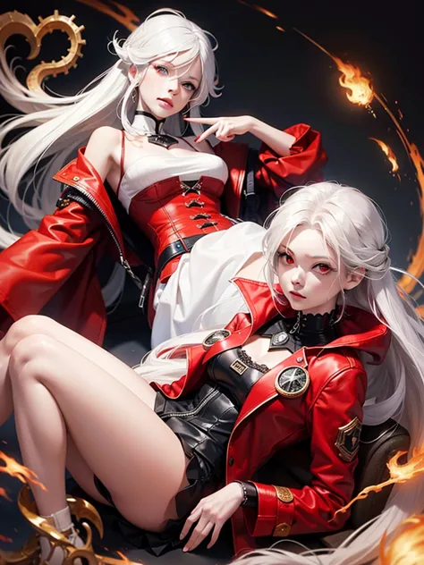 one-girl，white color hair，red eyes，bare legged，long whitr hair，red coat, steampunc