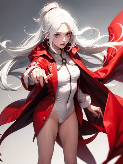 one-girl，white color hair，red eyes，bare legged，long whitr hair，red coat, steampunc