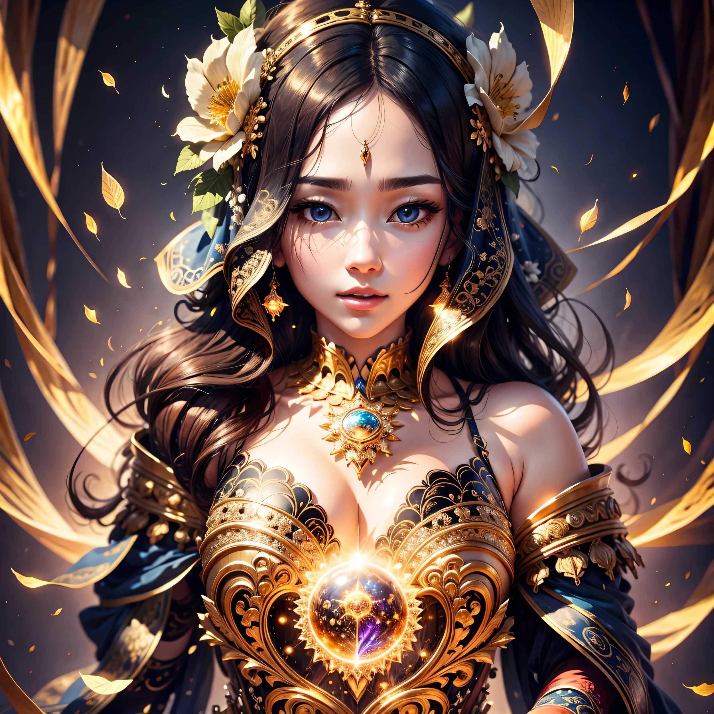 Highest image quality, ultra high definition, masterpiece, flower of life, Enlightenment, golden heart in the middle of her chest, beautiful lady in meditation, light and shadow, particle light, particle special effects, Bioluminescence, beautiful romance, beautiful, dream highest quality, ultra high definition, masterpiece, exquisite CG, exquisite details, rich picture layers, beautiful, perfect details, best quality, highest image quality, high resolution, high definition, 16k, 8k, UHD, HDR, HD,--v5,--ar