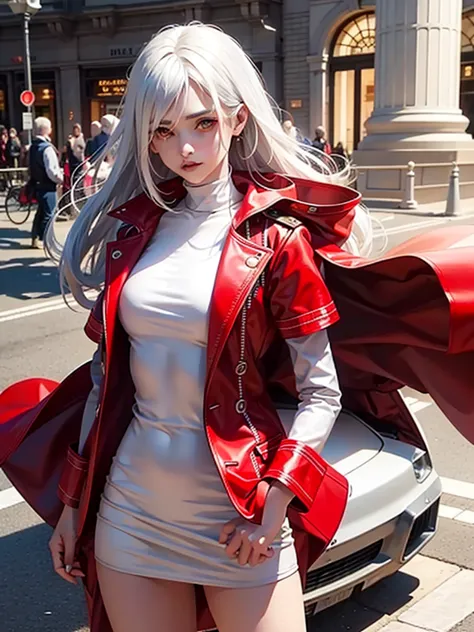 one-girl，white color hair，red eyes，bare legged，long whitr hair，red coat, steampunc