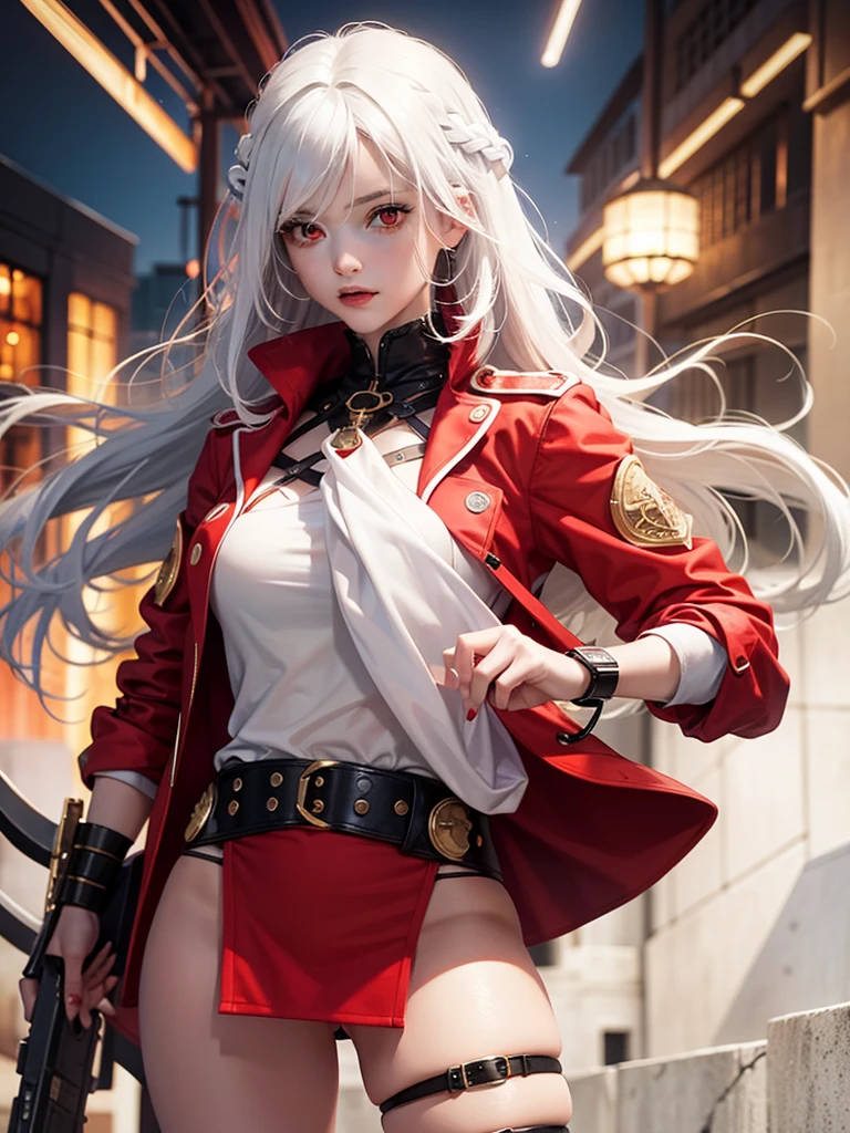 one-girl，White color hair，Red eyes，Bare legged，long whitr hair，Red coat, steampunc