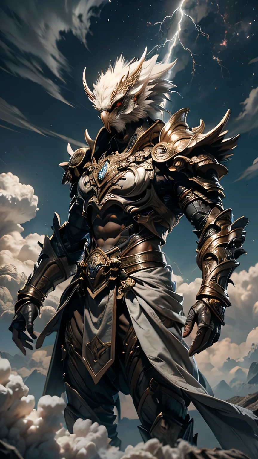 Garuda, (Bird Head:1.3), Very hairy body, Huge body, (Bird talons:1.2), Luxurious Armor, Dynamic pose, Cinematic lighting effects, Being above the clouds, Dynamic composition, (wrapped in cumulonimbus clouds:1.2), Full Plate Armor, (There is a thunderstorm:1.2), (Lightning strikes:1.2), Cumulonimbus clouds at your feet, In outer space, High Kick, Holding a lightning spear in hand, , , , , , , , , , , , , , , ,