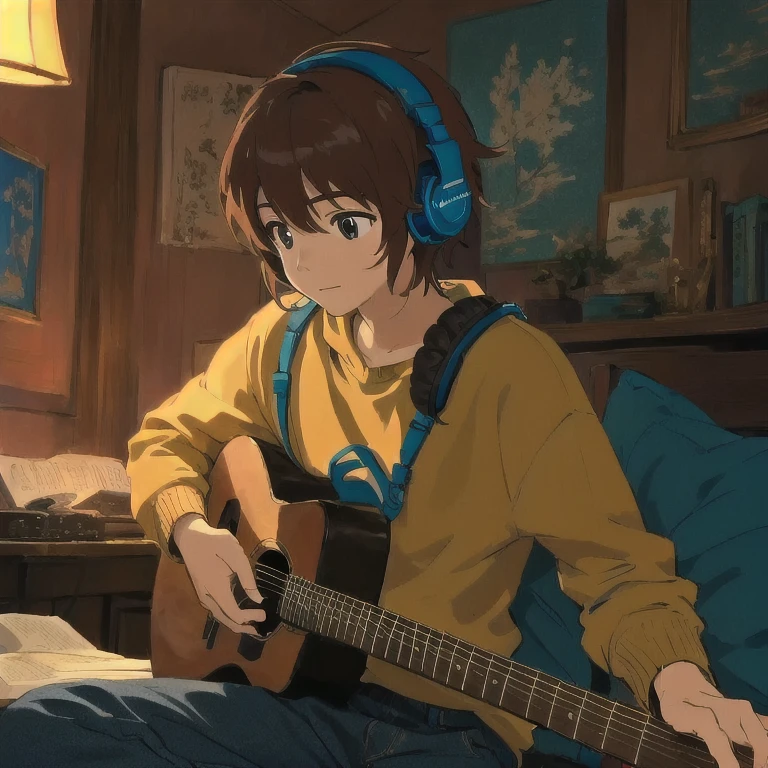  (highest quality,High resolution,Very detailed),Boy playing guitar in a cozy room,Using headphones,2D Anime Style,praise, It&#39;s dim