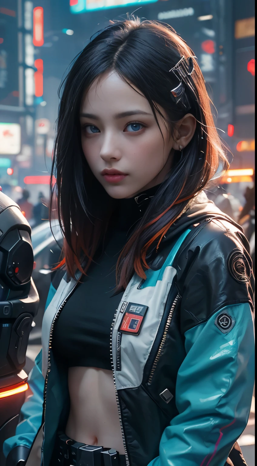 (Best Quality,4K,8K,hight resolution,masutepiece:1.2), Ultra-detailed, (Realistic,Photorealistic,Photorealsitic:1.37), (Beautiful detailed eyes, Beautiful detailed lips, extremely detailed eye and face, long eyelashes),Blue eyes、orange color hair、 Studio Lighting,Physically-based rendering,Vivid colors, (Cyberpunk:1.5),　The upper part of the body