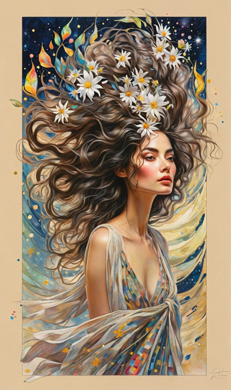 (best quality,actual,high resolution:1.2),pastel tones, painting,Impressionist strokes,from cubism, Fauvism to Surrealism and Abstraction, Beautiful and delicate eyes of a woman,Beautiful and delicate lips,flowing hair, Their artistic concepts and patterns are reflected in the clothing design.starry sky background, High quality, masutepiece, watercolor paiting, Cleaning technology, Colorful, Paint dripping and scattered, Paintings like Agnes Cecil, Blurry, Pale touch, Dirty outlines, Like in a fairy tale, Beautiful woman made of flower coloring, Feminine expression using flowers and plants, Cut and combine petals and leaves, Using flower colors and shapes to draw women's hair or dresses, Bright colors and nature, luminism, 3D Effects, Enhanced beauty, Albert Anker, Feel like John Howe, Greg Rutkowski, ArtGerm, wlop, luminism, isometric, by Yukisakura, awesome full color,