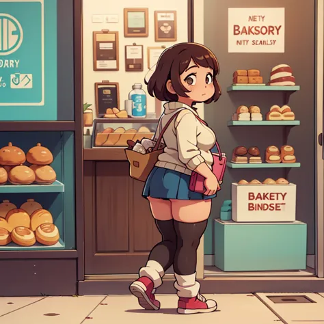 Solo female, chubby woman, plump, standing on sidewalk, looking through bakery window, storefront, sweater, skirt, holding purse...