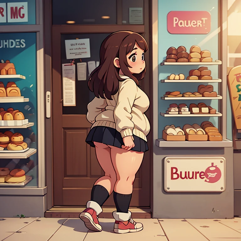 Solo female, chubby woman, plump, standing on sidewalk, looking through bakery window, storefront, sweater, skirt, thigh high socks, from behind