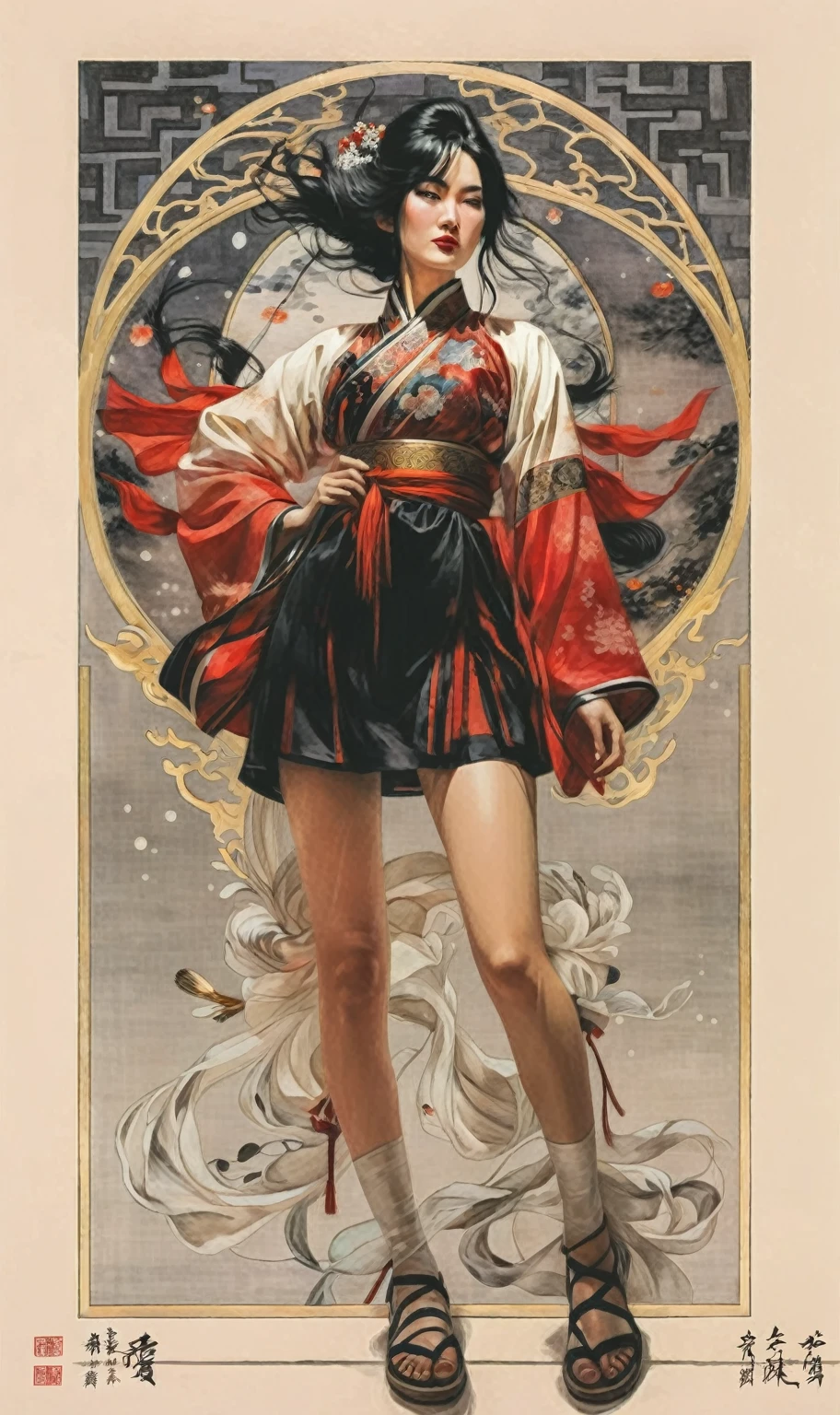 a painting of a woman in red with black hair, im Stil zarter Tuschewaschungen, epische Fantasy-Szenen, Chinese painting, bespritzt/tropfte, White background, traditional costumes, soft focus lens --ar 73:98 --stilize 750 --v 6