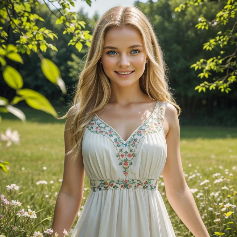 (best quality,4k,8k,highres,masterpiece:1.2),ultra-detailed,(realistic,photorealistic,photo-realistic:1.37),beautiful Ukrainian woman,blonde hair,deep blue eyes,fair skin,fine facial features,blossoming flower garden,soft sunlight,ethereal atmosphere,vibrant colors,summer dress flowing in the wind,her laughter echoing in the air,warm breeze caressing her cheeks,joyful expression,peaceful surroundings,romantic setting,subtle hints of traditional Ukrainian elements,delicate embroidery on her dress,distant sound of chirping birds,graceful posture,delicate hand movements,happiness and serenity blended together,gentle presence,subtle elegance,harmony between nature and beauty,magical and dreamlike ambiance,impressive attention to detail,realistic rendering of textures and lighting.