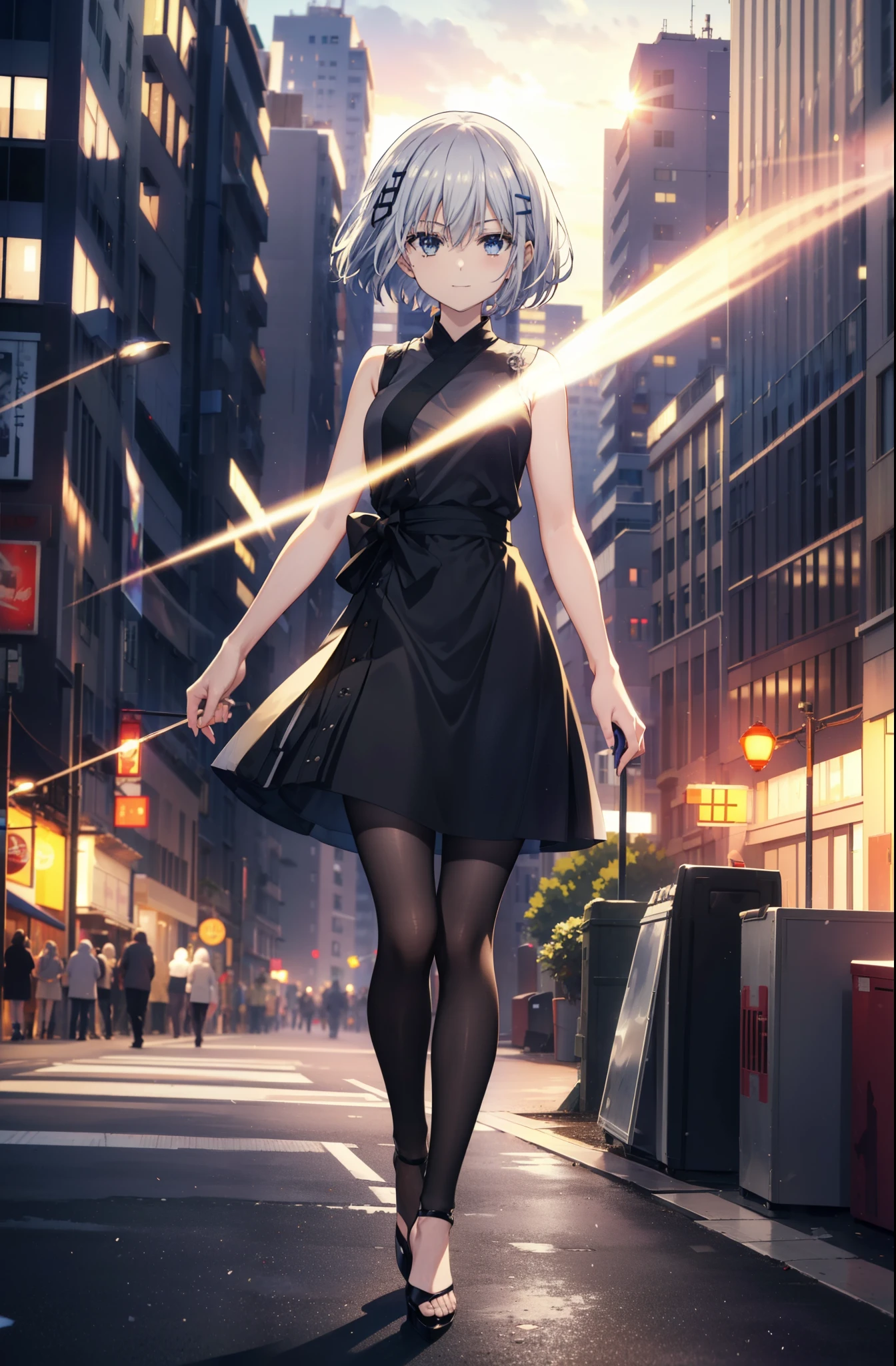 origamitobiichi, Origami Tobiichi Casual, short hair, blue eyes, hair ornaments, Gray Hair, Sleeveless dress,Long skirt,Black Pantyhose,Stiletto heels,happy smile, smile, Open your mouth,Real Summer,Daytime,sunny,Light of the sun,As if your whole body is in the illustration,
break ,
break outdoors, city,construction area, crowd, people々々,
break looking at viewer, 全身
break (masterpiece:1.2), highest quality, High resolution, unity 8k wallpaper, (shape:0.8), (Beautiful details:1.6), Highly detailed face, Perfect lighting, Extremely detailed CG, (Perfect hands, Perfect Anatomy),