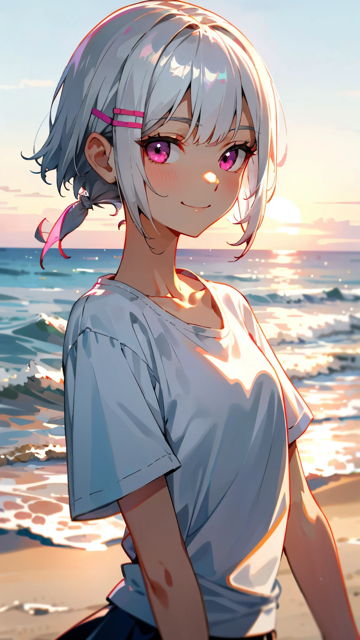 Silver short hair and bob hair、Hair tied up with a hair clip、Pink Eyes、White T-shirt、Fair-skinned skirt、smile、Slender body、Upper body close-up、Sunset Beach