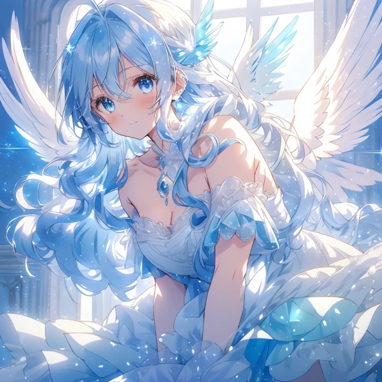 Anime-style young female angel character with long, wavy blue hair and sparkling, round blue eyes, radiating an aura of softness and gentleness. She wears a fluffy, delicate blue dress with lace and frills, and has large, translucent blue wings. The background is a soft, radiant blue that complements her serene and magical appearance.