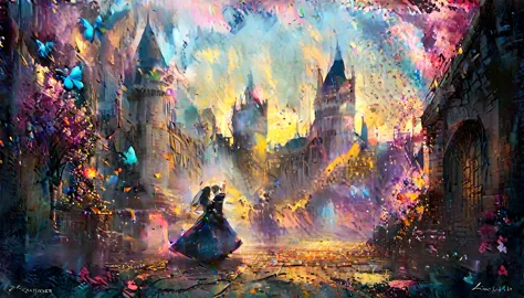 beautiful prince and princess are dancing in front of a very beautiful castle,many happy citizens,colorful butterflies,many toy ...