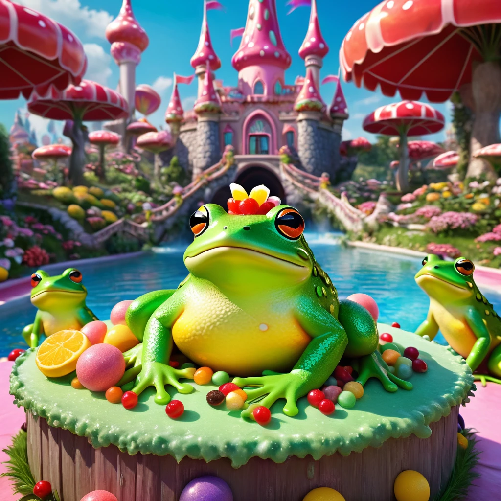 A castle made of candy and yummy food, with sexy frog women peasants going about their dreamland day. (best quality,4K,8k,highres,masterpiece:1.2),ultra-detailed,(realistic,photorealistic,photo-realistic:1.37), candy castle, vibrant colors, delicious treats, mouth-watering sweets, sugary fantasy, enchanting atmosphere, whimsical environment, magical setting, alluring frog women, seductive appearances, captivating eyes, luscious lips, graceful movements, charming outfits, playful attitude, dreamlike ambiance, sweet aroma of confections, magical lighting. notes: - "candy castle" Set as the first tag to represent the main body of the screen - "best quality,4K,8k,highres,masterpiece:1.2" and "ultra-detailed" Increased image quality - "(realistic,photorealistic,photo-realistic:1.37)" Increased image quality and specified style - "vibrant colors" Describes the color hue - "delicious treats, mouth-watering sweets" Describes the material and scene details - "sugary fantasy, enchanting atmosphere, whimsical environment, magical setting, dreamlike ambiance" Describes the overall atmosphere and scene - "alluring frog women, seductive appearances, captivating eyes, luscious lips, graceful movements, charming outfits, playful attitude" Describes the details and poses of the characters - "sweet aroma of confections"Describes the atmosphere of the scene - "magical lighting" Describes the lighting effects of the picture