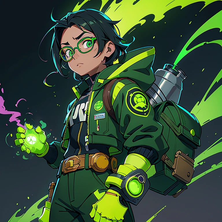 Chica heroina ,tez mestiza ,cabello negro ,chino y corto, ojos verde neon y una mirada fuerte, tiene lentes y usa un traje de mecanismos y su poder es gas verde. His suit includes a belt with green smoke flares and also gloves to create smoke explosions.