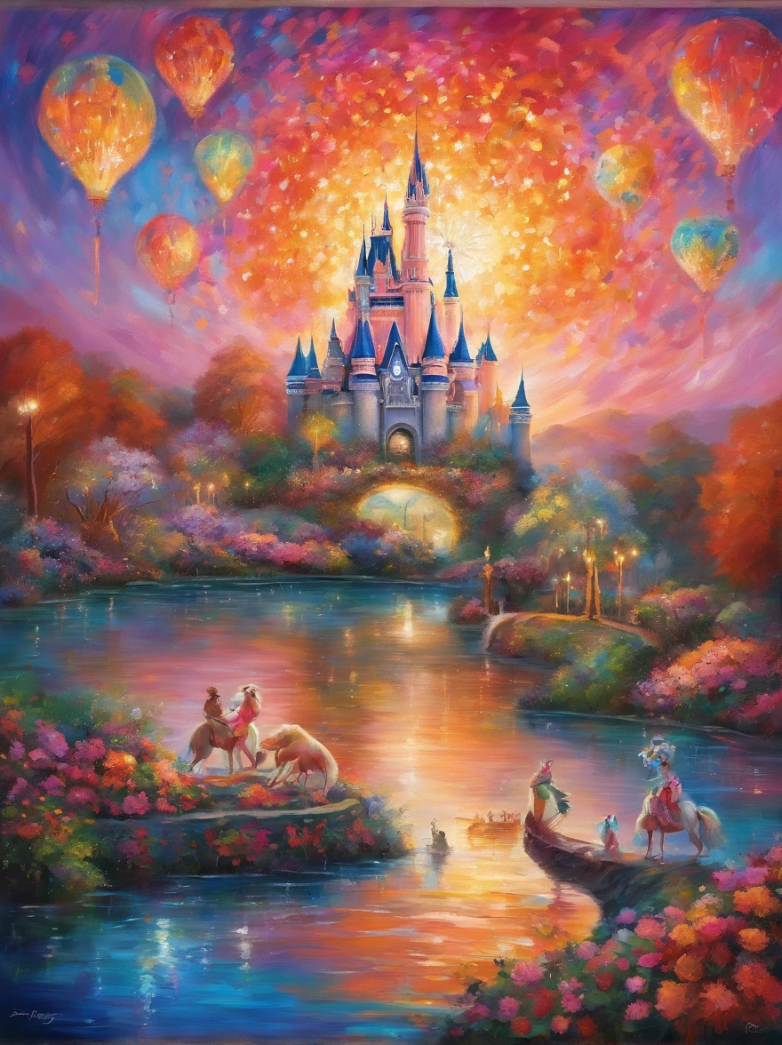 This is a miniature scene.，An intricately detailed painting showcasing the wonderful magic of Walt Disney World, The image features the iconic Cinderella's Castle, standing majestically against a breathtaking sunset, with beautiful arrays of orange and pink hues, The castle, beautifully lit, reflects on the pristine waters below. In the foreground, there's a charming carousel, and bunch of perfectly pruned trees adding to the scenic beauty, Children and adults of diverse descents and genders are seen enjoying around, A fireworks show is exploding in the multi-colored sky, creating a dreamy atmosphere, Overall, the scene carries a feeling of excitement and magic，Lush Landscape, spring, rain, Soft Mist,HD natural light, Tilt-Shift Photography, Photography, Octane Rendering