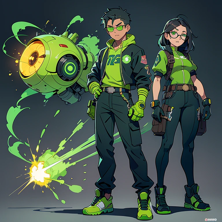 heroine girl ,mestiza thesis ,black hair ,chinese and short, neon green eyes and a strong look, He has glasses and wears a mechanical suit and his power is green gas.. His suit includes a belt with green smoke flares and also gloves to create smoke explosions., Also his shoes are robotic mechanical boots.