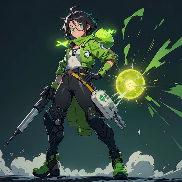 heroine girl ,mestiza thesis ,black hair ,chinese and short, neon green eyes and a strong look, He has glasses and wears a mechanical suit and his power is green gas.. His suit includes a belt with green smoke flares and also gloves to create smoke explosions., Also his shoes are robotic mechanical boots.