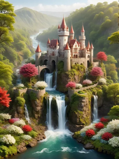 this is a miniature scene.，create an image of a spectacular and mystical realm. at the center, there is an intricate castle, its...