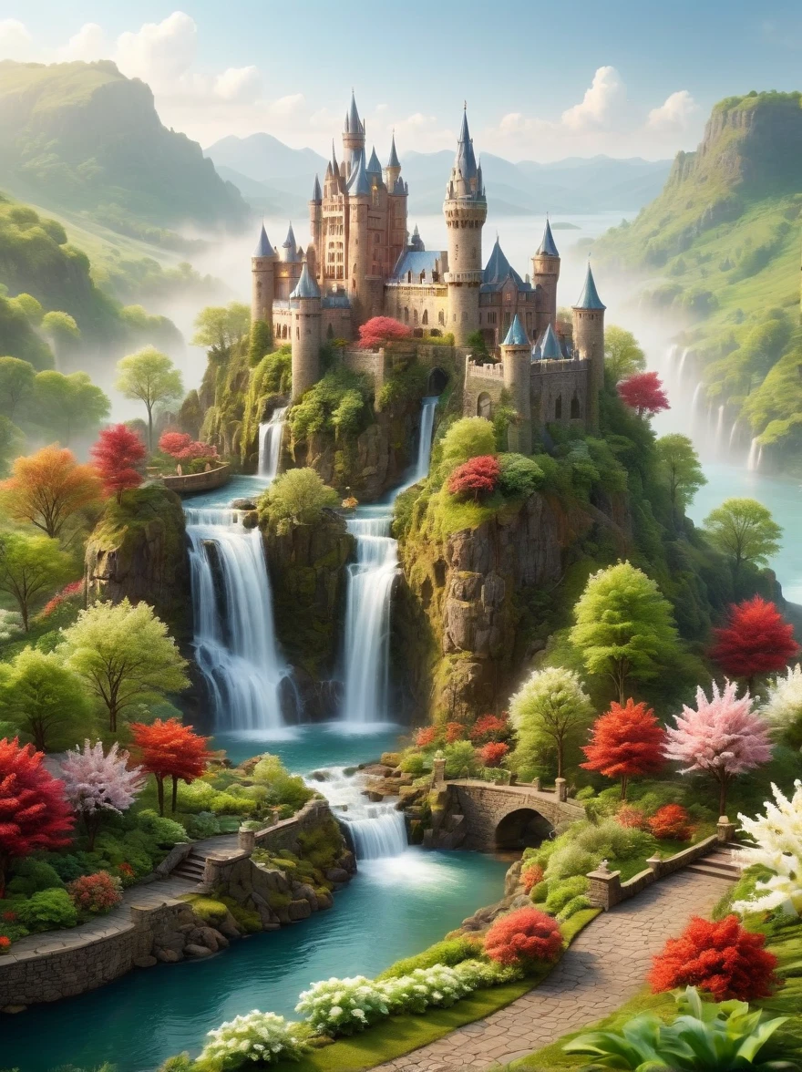 Create an image of a spectacular and mystical realm. At the center, there is an intricate castle, its architecture beautifully adorned with shades of white, off-white, and maroon. The castle is settled on a piece of land that's encircled by a shimmering water body, lush vegetation, and vibrant blooms. Captivating waterfalls trickling down in numerous places contribute to its magical vista. From a distance, bridges can be observed, linking this island-like scenery to the outer lands. A gentle sunrise casts a warm glow on the castle, illuminating its beauty, while a light mist hovers low over the water creating a stunning aura.