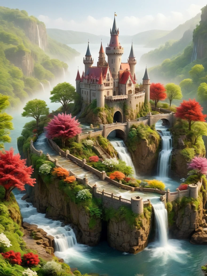 Create an image of a spectacular and mystical realm. At the center, there is an intricate castle, its architecture beautifully adorned with shades of white, off-white, and maroon. The castle is settled on a piece of land that's encircled by a shimmering water body, lush vegetation, and vibrant blooms. Captivating waterfalls trickling down in numerous places contribute to its magical vista. From a distance, bridges can be observed, linking this island-like scenery to the outer lands. A gentle sunrise casts a warm glow on the castle, illuminating its beauty, while a light mist hovers low over the water creating a stunning aura.