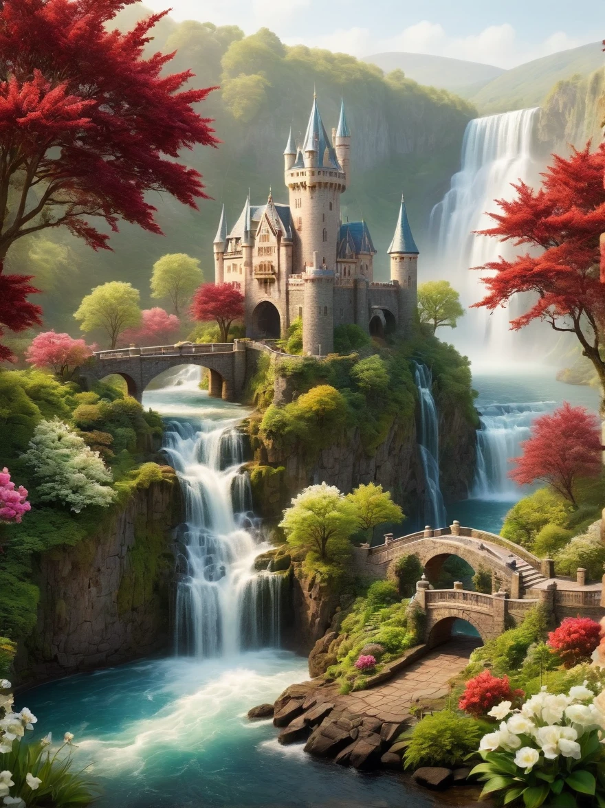 This is a miniature scene.，Create an image of a spectacular and mystical realm. At the center, there is an intricate castle, its architecture beautifully adorned with shades of white, off-white, and maroon. The castle is settled on a piece of land that's encircled by a shimmering water body, lush vegetation, and vibrant blooms. Captivating waterfalls trickling down in numerous places contribute to its magical vista. From a distance, bridges can be observed, linking this island-like scenery to the outer lands. A gentle sunrise casts a warm glow on the castle, illuminating its beauty, while a light mist hovers low over the water creating a stunning aura, Lush Landscape, spring, rain, Soft Mist,HD natural light, Tilt-Shift Photography, Photography, Octane Rendering