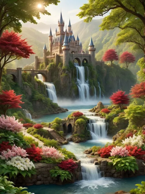 Create an image of a spectacular and mystical realm. At the center, there is an intricate castle, its architecture beautifully a...