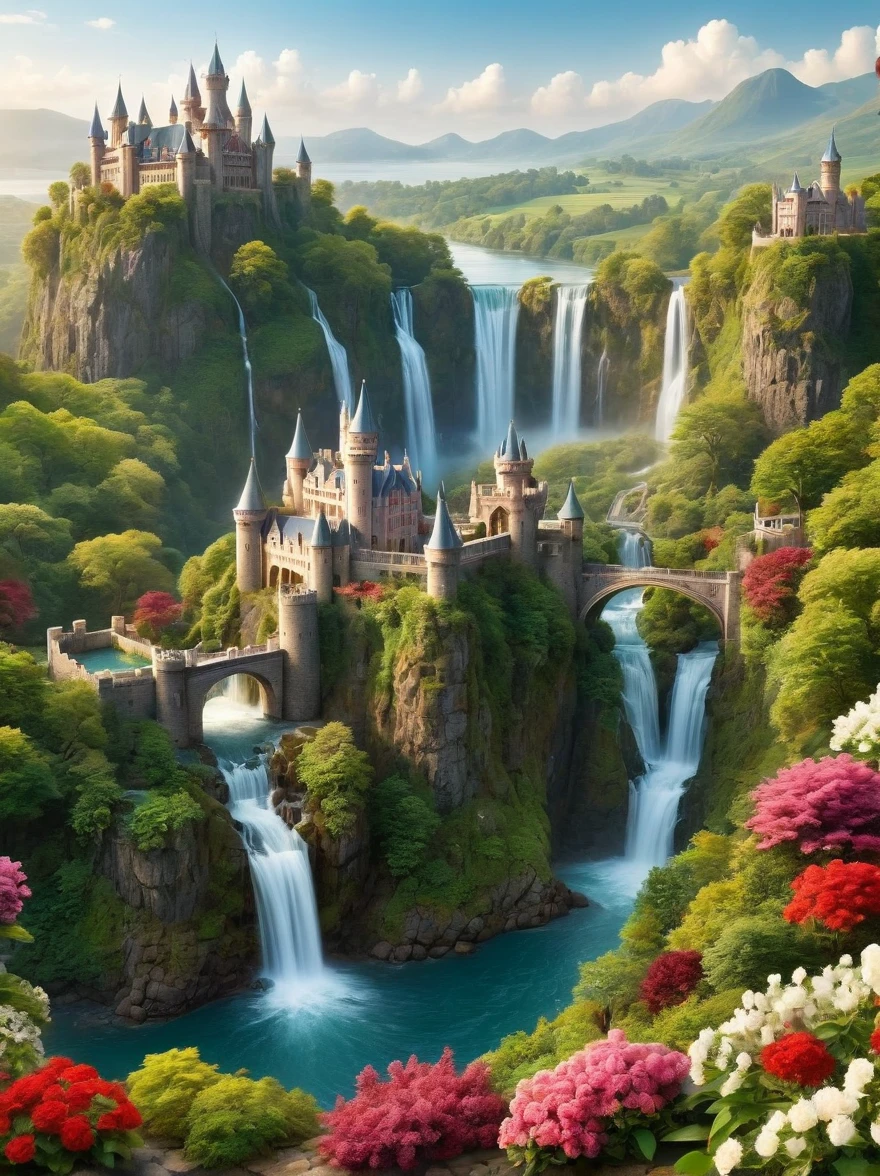 Create an image of a spectacular and mystical realm. At the center, there is an intricate castle, its architecture beautifully adorned with shades of white, off-white, and maroon. The castle is settled on a piece of land that's encircled by a shimmering water body, lush vegetation, and vibrant blooms. Captivating waterfalls trickling down in numerous places contribute to its magical vista. From a distance, bridges can be observed, linking this island-like scenery to the outer lands. A gentle sunrise casts a warm glow on the castle, illuminating its beauty, while a light mist hovers low over the water creating a stunning aura.