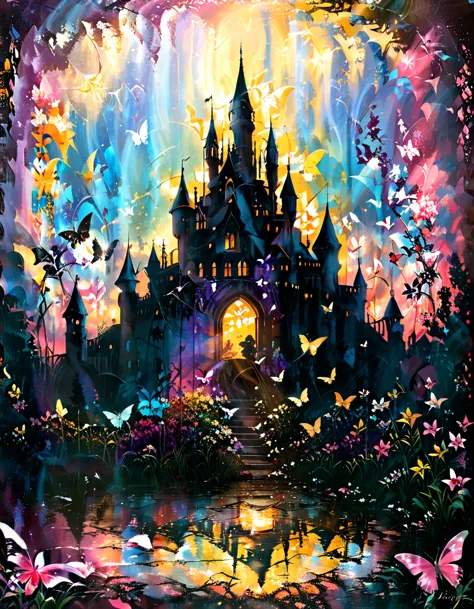 (a very beautiful castle\(full body\)),colorful butterflies,many flowers and petals,colorful,pastel color, BREAK ,quality\(8k,wa...