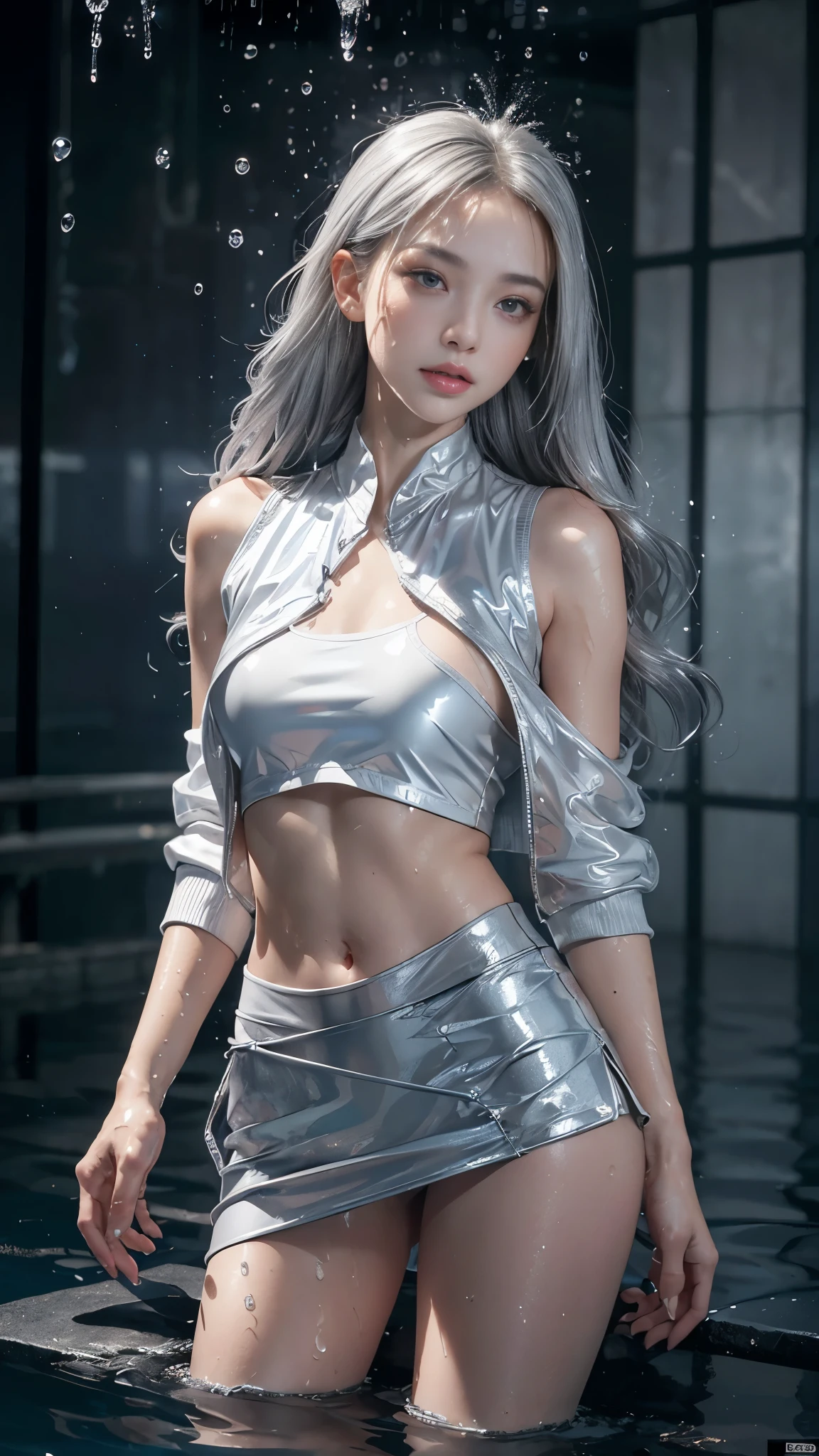 8k, masterpiece, 1 girl, beautiful face, ((very long hair)), glossy makeup, closed mouth, (glossy skin:1.5), detailed eyes, detailed lips, small breasts, silver short jacket, white thin vest, ((silver short mini skirt)), ((under pants)), ((bare thigh)), straps clothing, (water falling:1.4), steam effect, ((water vapor)), adult pose,