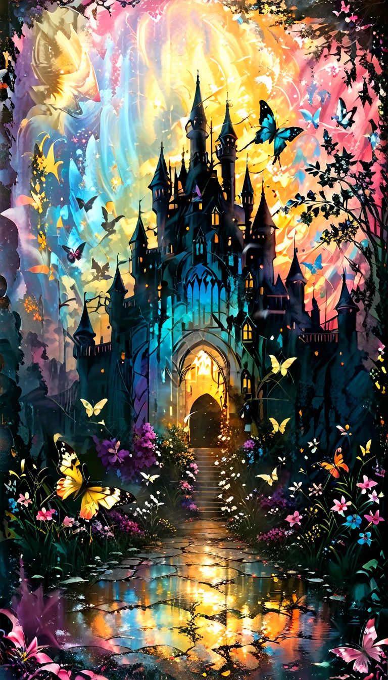 a very beautiful castle/(full body/),colorful butterflies,many flowers and petals,colorful,pastel color, BREAK ,quality\(8k,wallpaper of extremely detailed CG unit, ​masterpiece,hight resolution,top-quality,top-quality real texture skin,hyper realisitic,increase the resolution,RAW photos,best qualtiy,highly detailed,the wallpaper,cinematic lighting,ray trace,golden ratio,\),focus on castle,landscape