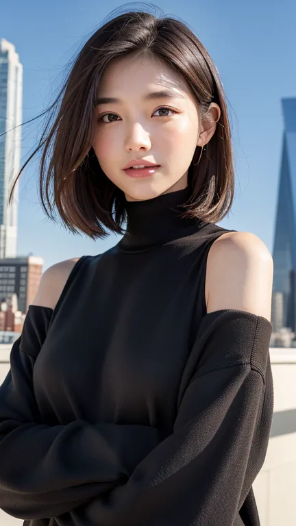 (((Face close-up)))、(((Brown, shoulder-length, straight short bob)))、(((She has the New York skyline in the background、Posing li...