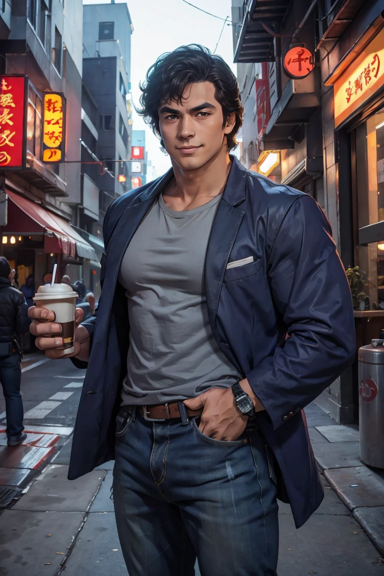 (Saeba Ryo Stadtjäger ) blaues Sakko rotes T-Shirt, Jeans, anzügliches Lächeln, vor einem Café stehen. 