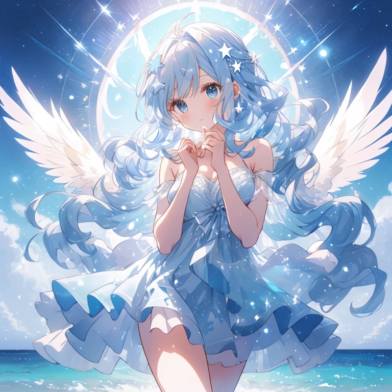 A young female angel character with long wavy blue hair, sparkling round blue eyes, and a lovely anime style with an aura of softness and gentleness. Full body. She wears a fluffy, delicate blue dress with lace and ruffles, and has large translucent blue wings. The background is a nighttime beach on a blue ocean with a beautifully soft, starry sky, which complements her calm and magical appearance.