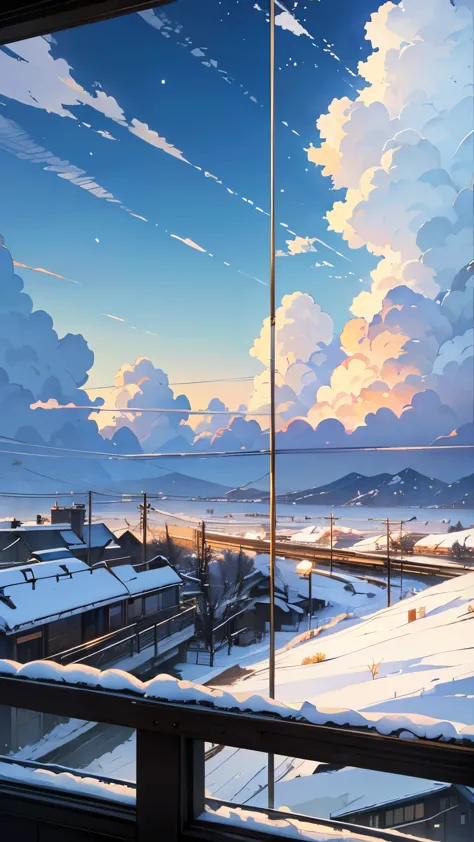 there is a cup of coffee on a table by a train window, snowy. by ( ( makoto shinkai ) anime landscape, high quality desktop wall...