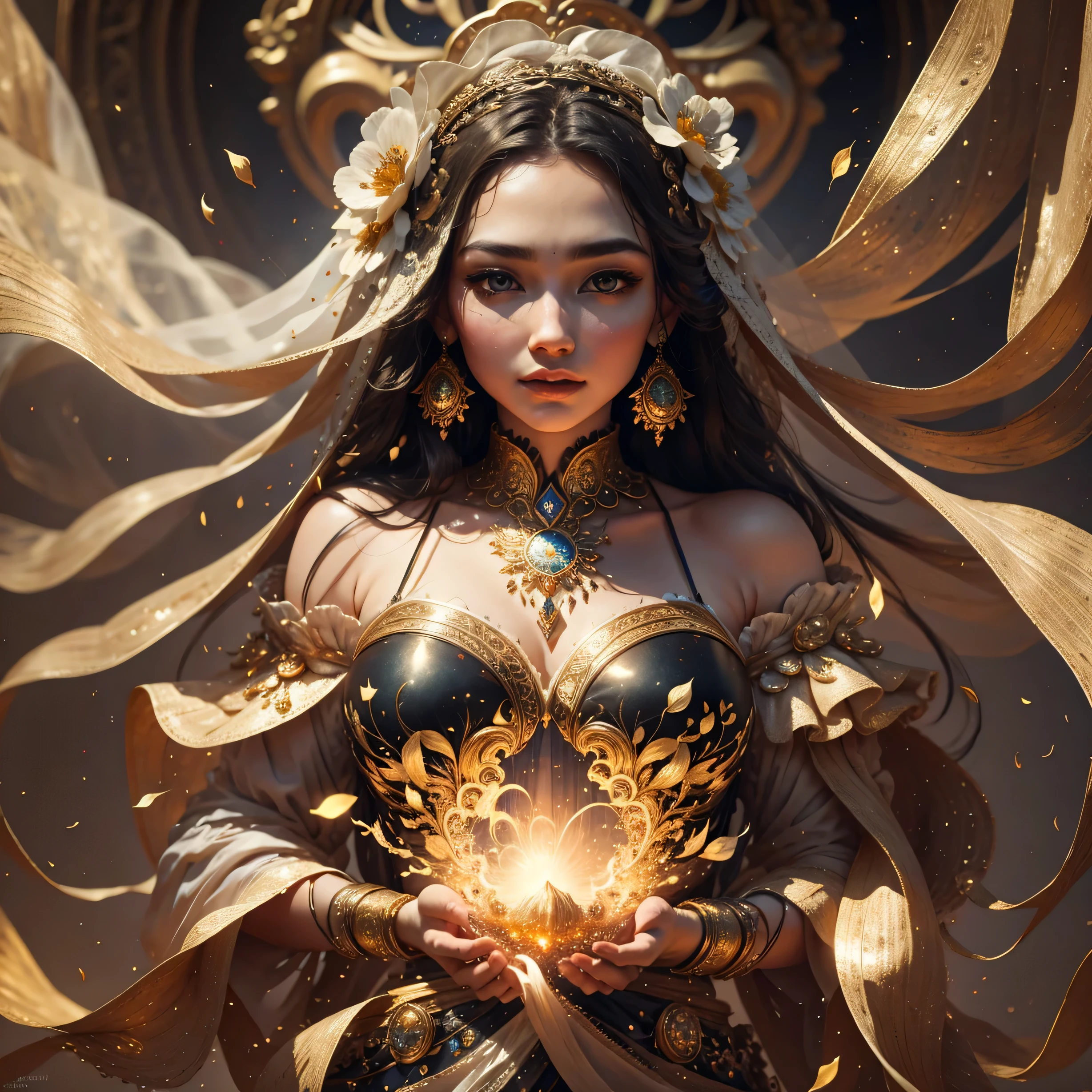 Highest image quality, ultra high definition, masterpiece, flower of life, Enlightenment, golden heart in the middle of her chest, beautiful lady in meditation, depth in eyes, super realistic eyes, light and shadow, particle light, particle special effects, Bioluminescence, beautiful romance, beautiful, dream highest quality, ultra high definition, masterpiece, exquisite CG, exquisite details, rich picture layers, beautiful, perfect details, best quality, highest image quality, high resolution, high definition, 16k, 8k, UHD, HDR, HD,--v5,--ar