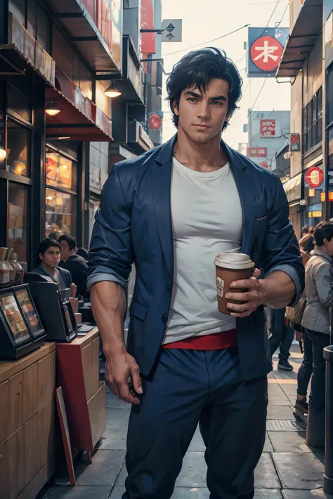 (saeba ryo city hunter ) blue suit jacket Red t-shirt, underwear, standing in front of a coffee shop. 