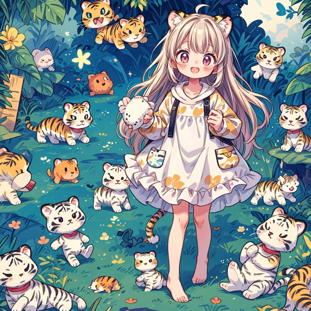 Little、highest quality、Masterpiece、Official Art、The best composition、A cute, fluffy white tiger in the pocket of a beautiful girl wearing a tiger-patterned one-piece dress, one of the four gods.、