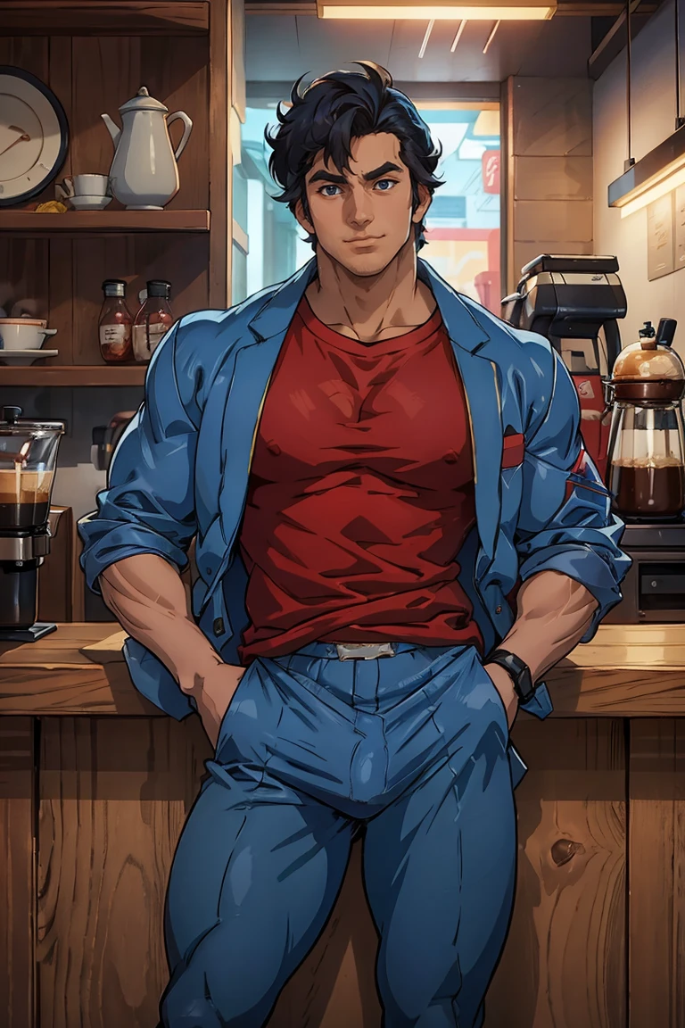 (Saeba Ryo Stadtjäger ) blaues Sakko rotes T-Shirt, Unterwäsche, anzügliches Lächeln, vor einem Café stehen. 