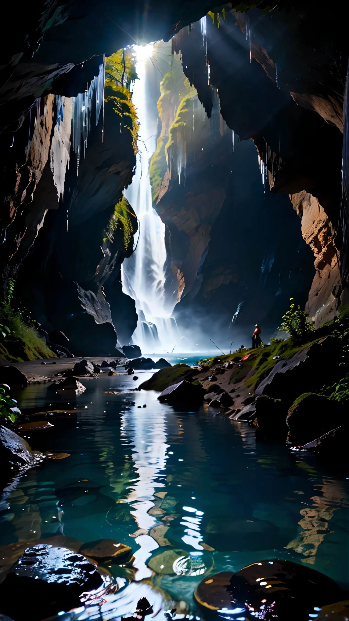  (8K, Fotos RAW, 最alta qualidade, obra de arte:1.2), Fotos coloridas RAW de alta qualidade, Professional sessão de fotos, Cenário de uma pequena cachoeira em uma caverna, água fluindo, fluxo silencioso, Iluminação incrível, cenário misterioso da caverna, dim, Rochas e estalactites brilhantes, reflexão da água, reflexo de lente, alta qualidade, sessão de fotos.