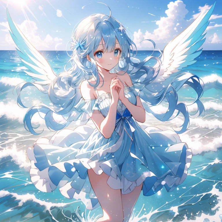 A young female angel character with long wavy blue hair, sparkling round blue eyes, and a lovely anime style with an aura of softness and gentleness. Full body. She wears a fluffy, delicate blue dress with lace and ruffles, and has large translucent blue wings. In the background, she is happily playing in the water on a beach in a soft, shining blue ocean, dazzled by the sunlight. The figure complements her serene and magical appearance.